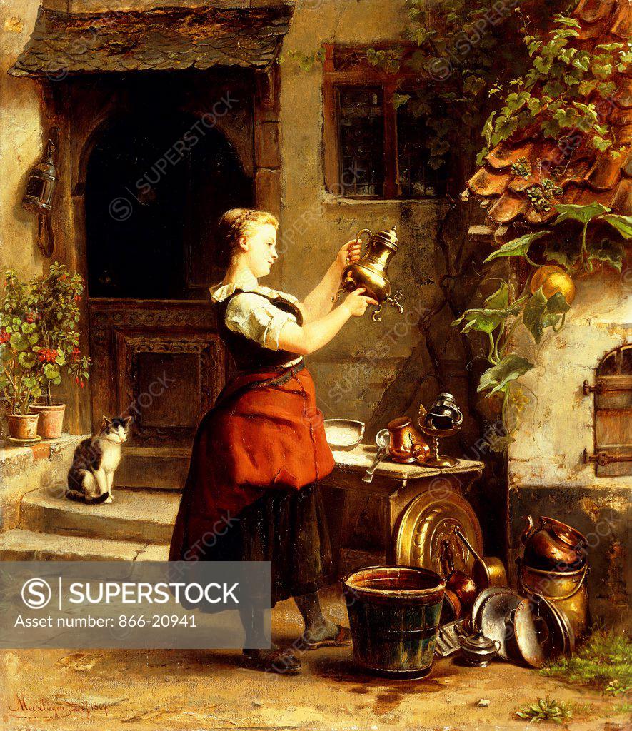 Stock Photo: 866-20941 The Kitchen Maid's Mirror. Johannes Moeselagen (b.1827). Oil on canvas. Painted in 1867. 66.6 x 58.4cm.