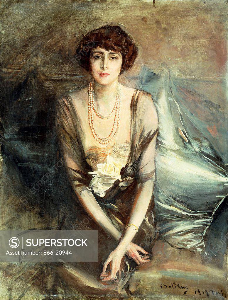 Stock Photo: 866-20944 Portrait of Mrs. George McFadden seated, three-quarter length. Giovanni Boldini (1842-1931). Oil on canvas. Painted in 1919. 117.5 x 90.1cm.