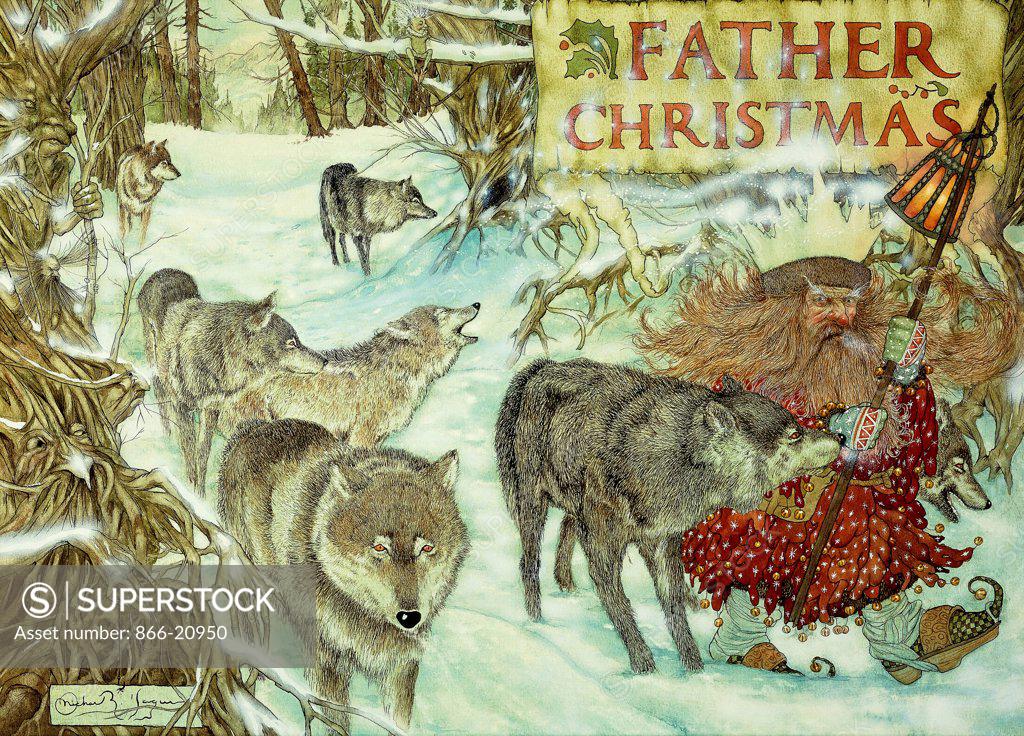 Stock Photo: 866-20950 Father Christmas. Michael Hague (b.1948). Pen and black and brown ink and watercolour. 34.3 x 47cm.