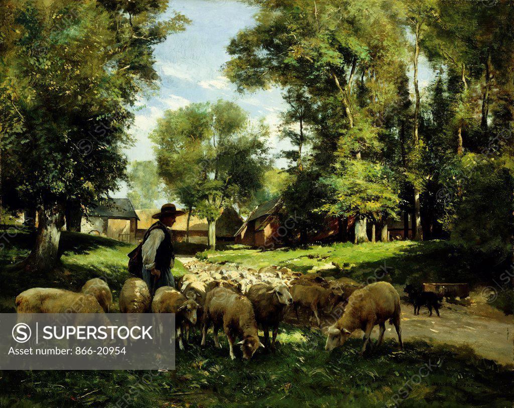 Stock Photo: 866-20954 A Shepherd and his Flock. Julien Dupre (1851-1910). Oil on canvas. 65.4 x 83.8cm.