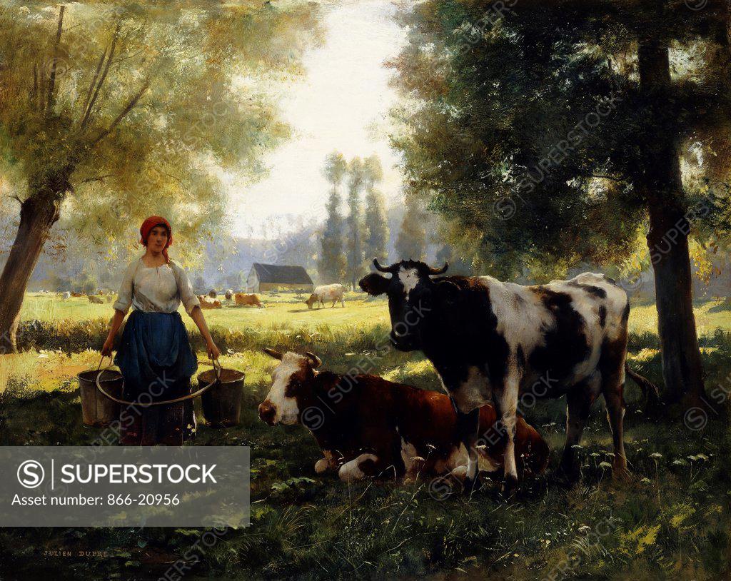 Stock Photo: 866-20956 A Milkmaid with her Cows on a Summer Day. Julien Dupre (1851-1910). Oil on canvas. 66 x 82cm.