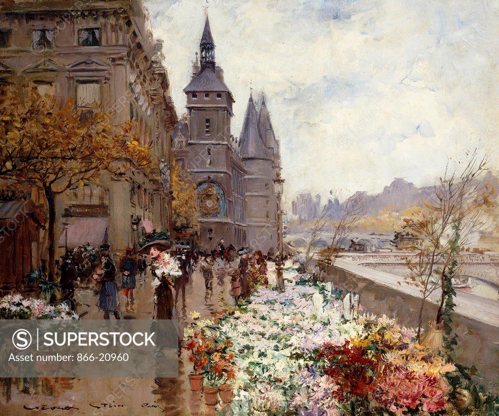 Stock Photo: 866-20960 A Flower Market Along the Seine. Georges Stein (1818-1890). Oil on canvas. 45.7 x 55.3cm.