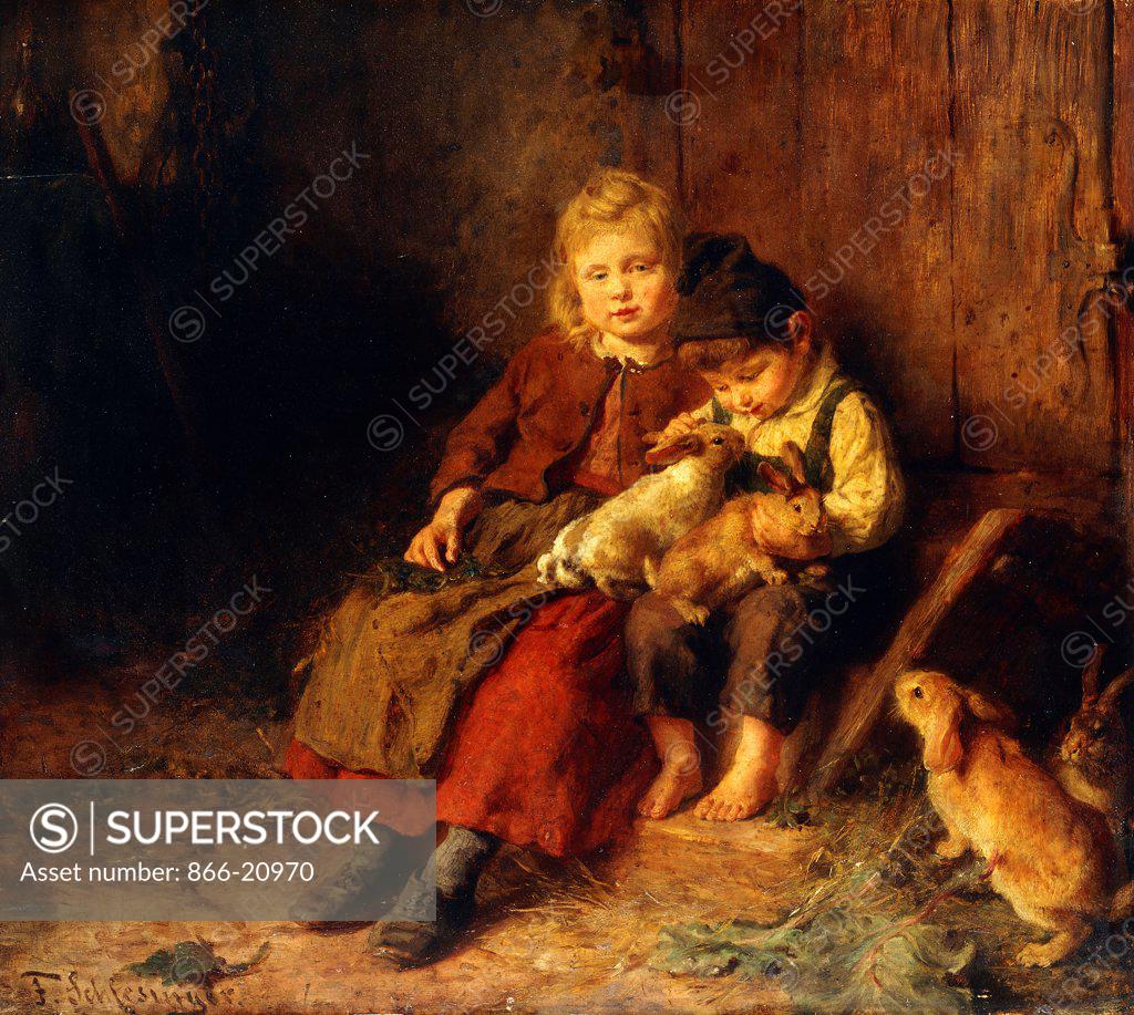 Stock Photo: 866-20970 Two Children Playing with Rabbits. Felix Schlesinger (1833-1910). Oil on panel. 36.9 x 40.7cm.