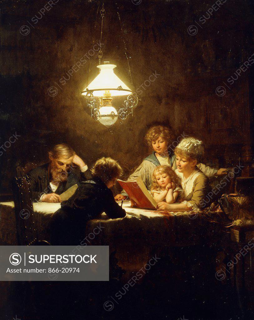 Stock Photo: 866-20974 The Reading Lesson. Knut Ekvall (1843-1912). Oil on canvas. 75.5 x 60.2cm.