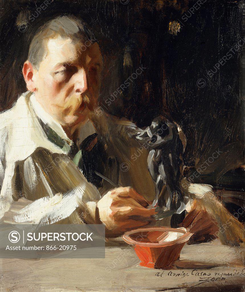 Stock Photo: 866-20975 Self-portrait with Faun and Nymph. Anders Leonard Zorn (1860-1920). Oil on canvas. Painted in 1895. 49 x 41.3cm.