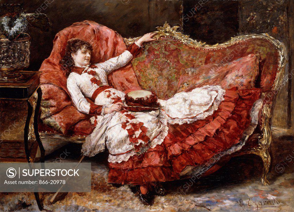 Stock Photo: 866-20978 An Elegant Lady in a Red Dress. Eduardo-Leon Garrido (1856-1906). Oil on canvas. 85.6 x 115.6cm.