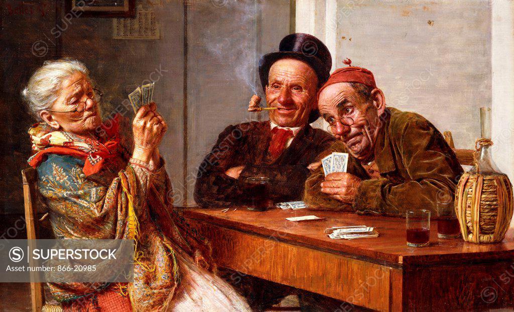 Stock Photo: 866-20985 The Player's Choice. Gaetano Bellei (1857-1922).  Oil on canvas. 50.9 x 81.4cm.