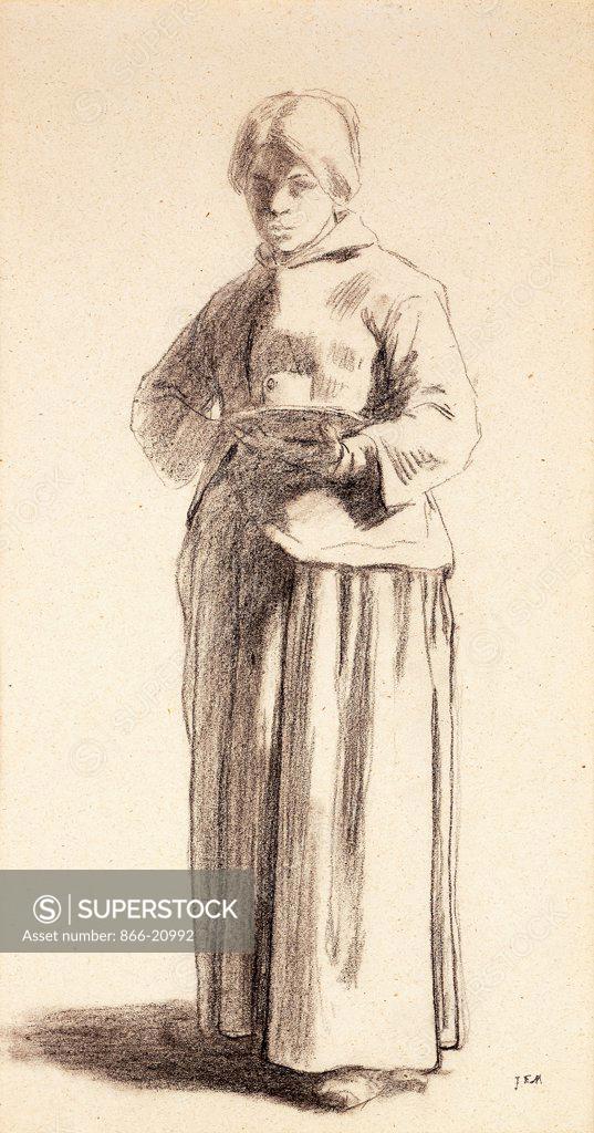 Stock Photo: 866-20992 A Standing Woman Holding a Cup. Jean-Francois Millet (1814-1875). Black chalk on light tan paper. Executed circa 1852-56. 45.4 x 25.3cm.