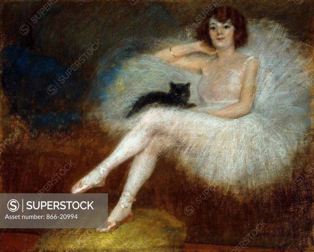 Stock Photo: 866-20994 Ballerina with a Black Cat. Pierre Carrier-Belleuse (1851-1933). Pastel on Stretched canvas. 65.3 x 81cm.