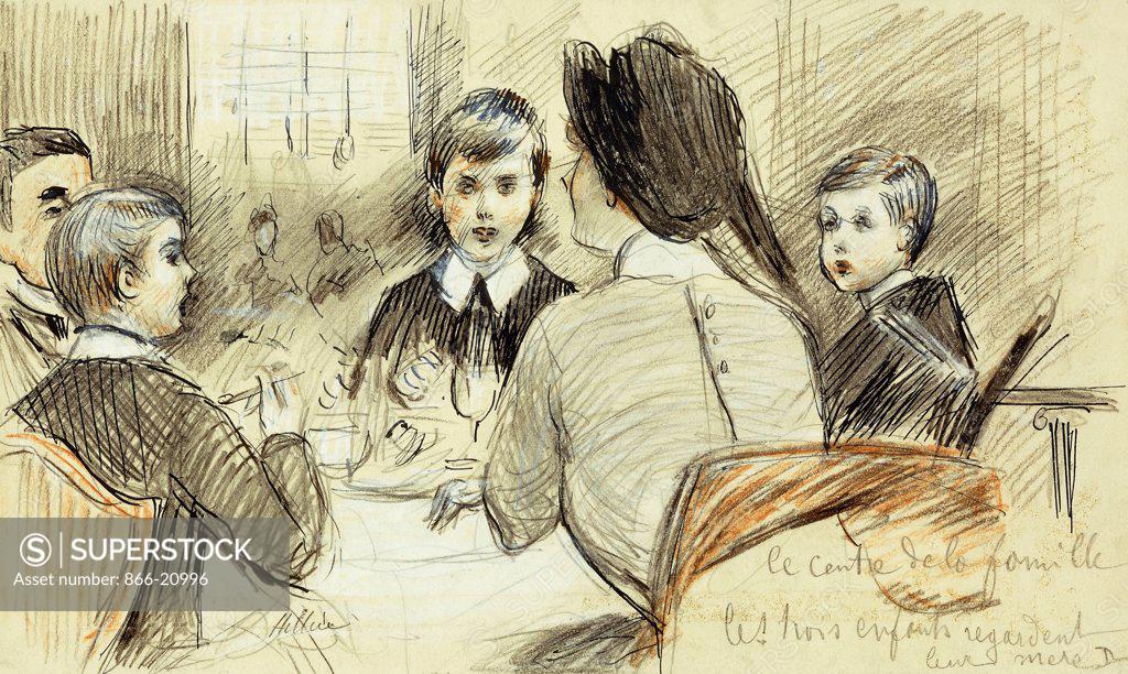 Stock Photo: 866-20996 La Centre de la Famille: A Family Dinner at the Ritz, New York. Paul Cesar Helleu (1859-1927). Pen and black ink, pencil and red chalk. Executed in 1920. 21.2 x 35.3cm.