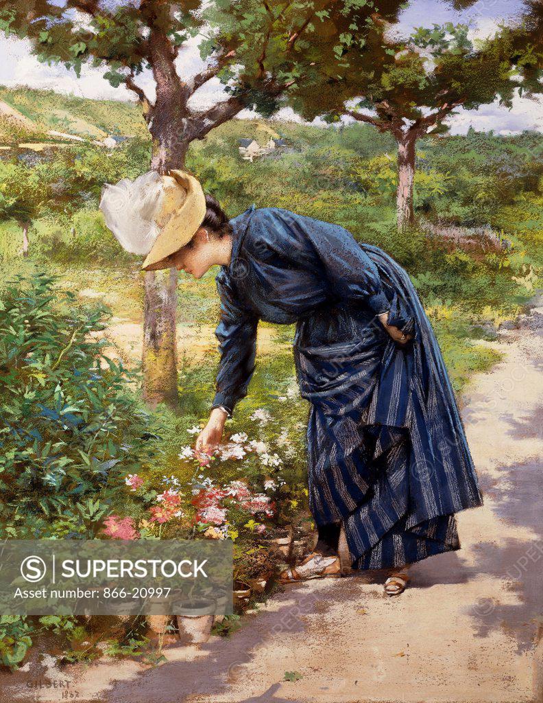 Stock Photo: 866-20997 Lady in a Garden. Victor Gabriel  Gilbert (1847-1933). Pastel on paper. Executed in 1887. 92 x 73.5cm.