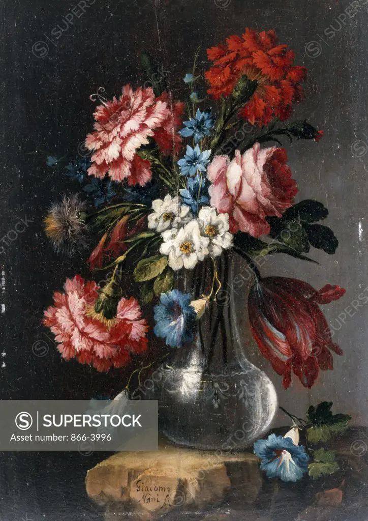 Flowers in glass vase on ledge, by Giacomo Nani, oil on canvas, (1707-1770), England, London, Christie's Images