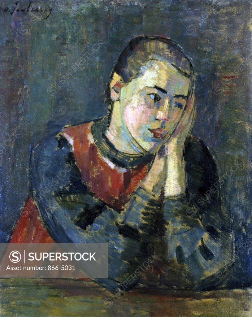 Stock Photo: 866-5031 Child With A Sad Face Kind Mit Gestutztem Kopf 1906 Alexei Jawlensky (1864-1941 Russian) Oil On Board Christie's Images, London, England
