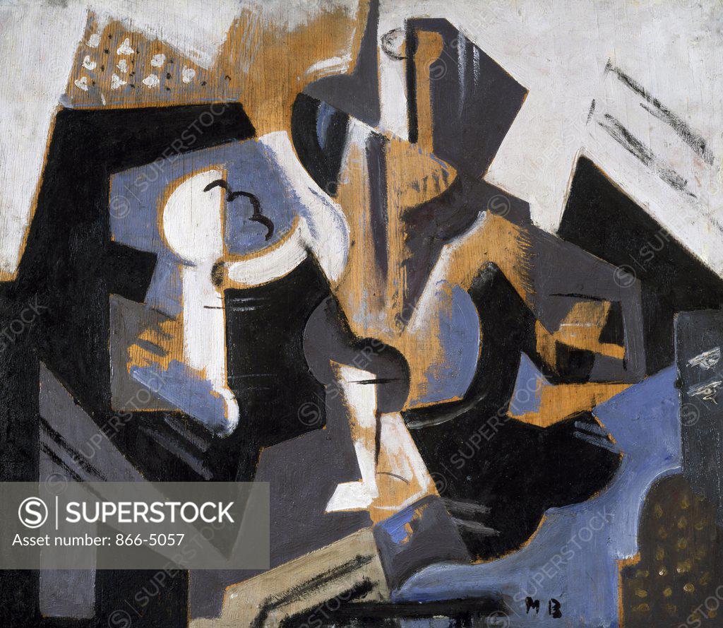 Stock Photo: 866-5057 Blue Grey Cubist Still Life Nature Morte Cubiste Bleu Grey C. 1917 Maria Blanchard (1881-1932 French) Oil On Board Christie's Images, London, England