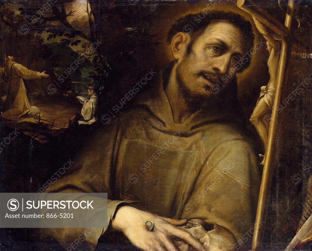 Stock Photo: 866-5201 Saint Francis Adoring The Cross With The Stigmatisation Of Saint Francis Beyond Procaccini, Camillo(ca.1555-1629 Italian) Oil On Canvas Christie's Images, London, England 