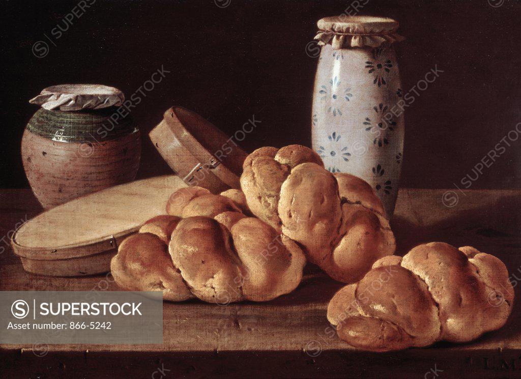 Stock Photo: 866-5242 Bodegon With Bread, Two Sweet Boxes, A Green- Glazed Biar Honey Pot And Manises Ceramic Jar Meléndez, Luis Egidio(1716-1780 Spanish) Oil On Canvas Christie's Images, London, England 