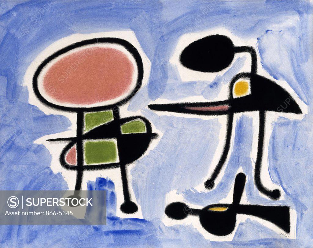Stock Photo: 866-5345 Personnages, Oiseau Joan Miro (1893-1983 Spanish) Gouache, watercolor & India ink