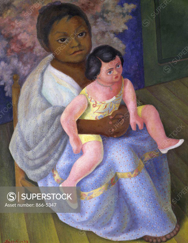 Stock Photo: 866-5347 Nina con Muneca Girl with Doll 1954 Diego Rivera (1886-1957 Mexican) Oil on canvas