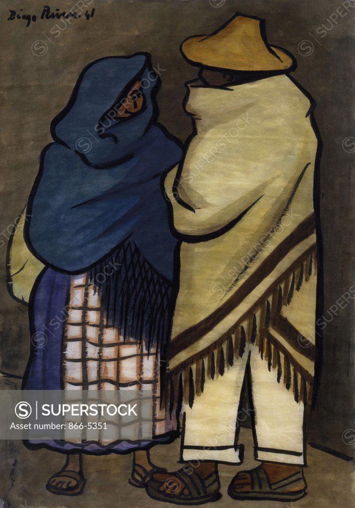 Stock Photo: 866-5351 Pareja de Indios Indian Couple 1941 Diego Rivera (1886-1957 Mexican) Watercolor & ink on paper