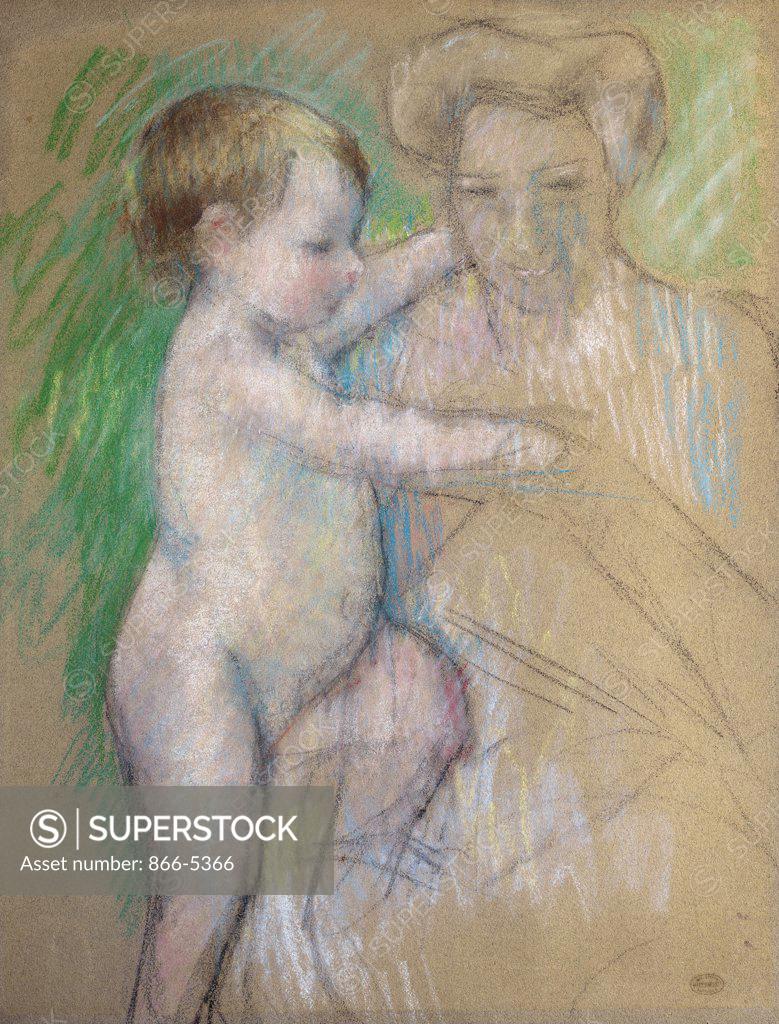 Stock Photo: 866-5366 Nude Baby Beside her Mother c.1902 Mary Cassatt (1845-1926 American) Pastel and charcoal