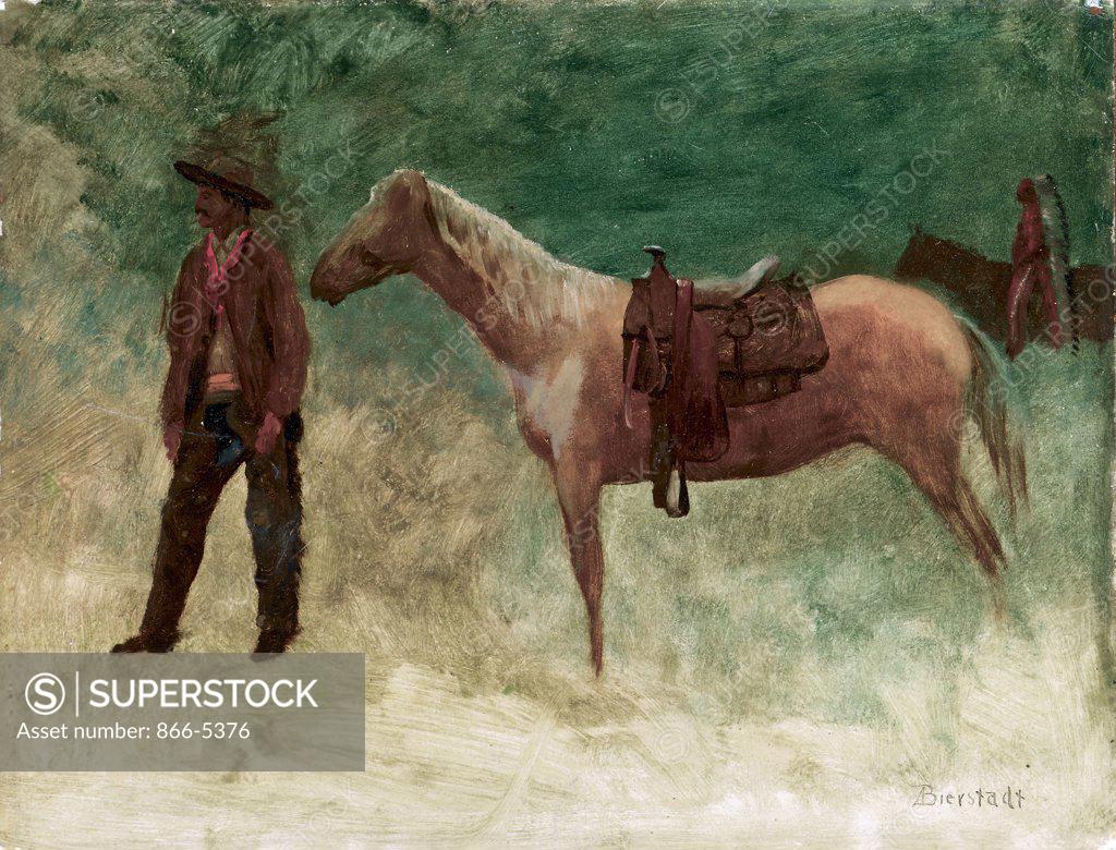 Stock Photo: 866-5376 Standing Cowboy with Horse Albert Bierstadt (1830-1902 American) Oil on paper board