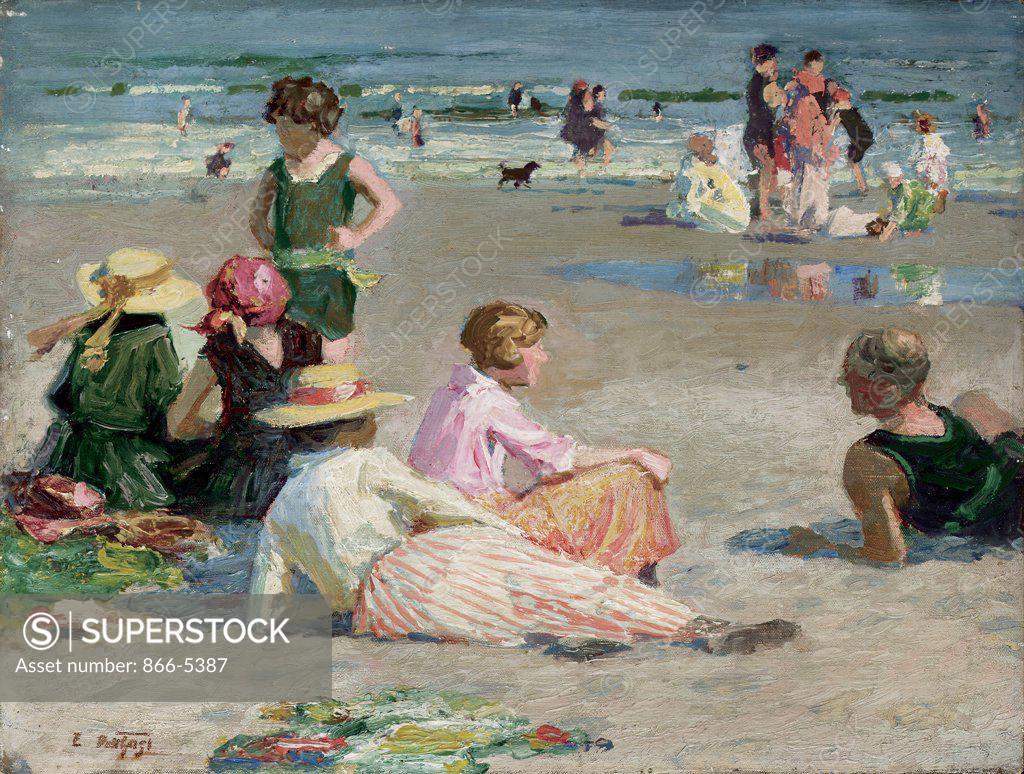 Stock Photo: 866-5387 Manhattan Beach Edward Potthast (1857-1927 American) Oil on canvas board