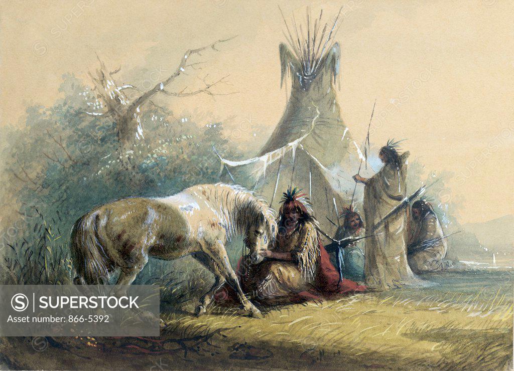 Stock Photo: 866-5392 Shoshone Indian And His Pet Horse Alfred Jacob Miller (1810-1874 American) Watcol,pencil,gouach