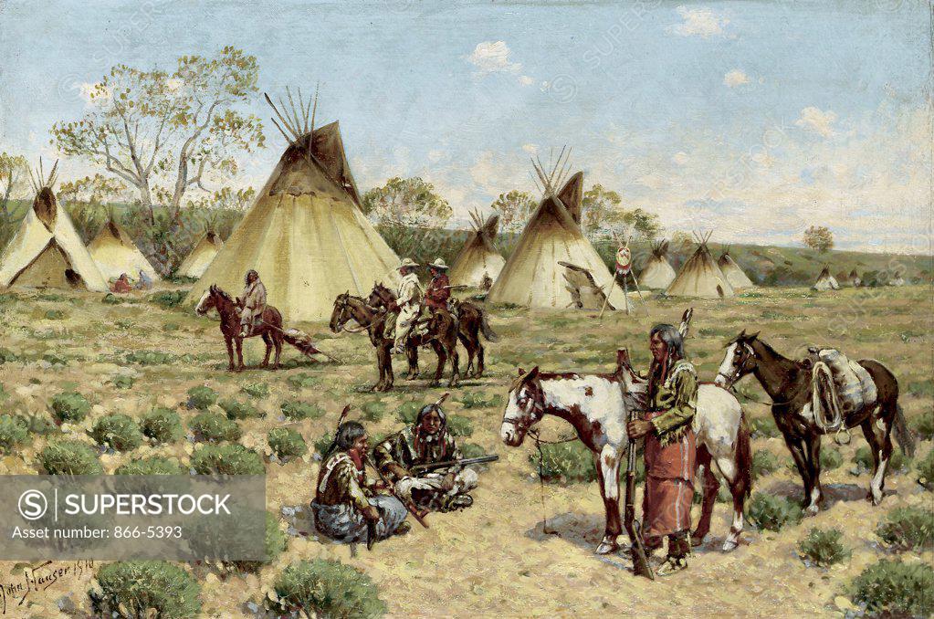 Stock Photo: 866-5393 Sioux Encampment, Porcupine 1910 John Hauser (1858-1913 American) Oil on canvas board
