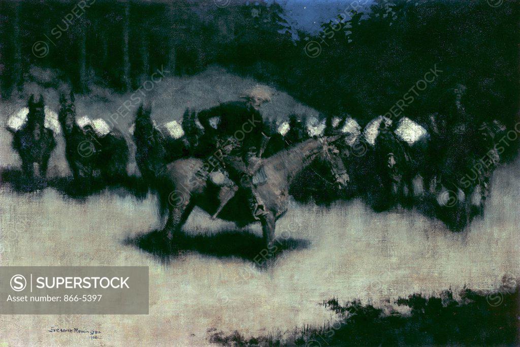 Stock Photo: 866-5397 Scare In A Pack Train 1908 Frederic Remington (1861-1909 American) Oil on canvas