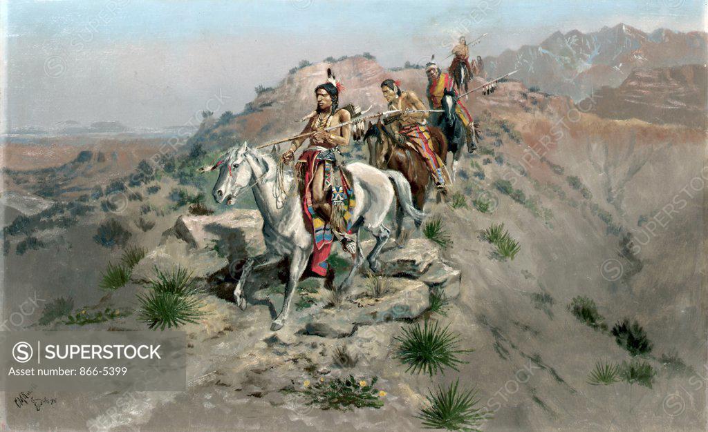 Stock Photo: 866-5399 On the Warpath 1895 Charles Marion Russell (1864-1926 American) Oil on canvas