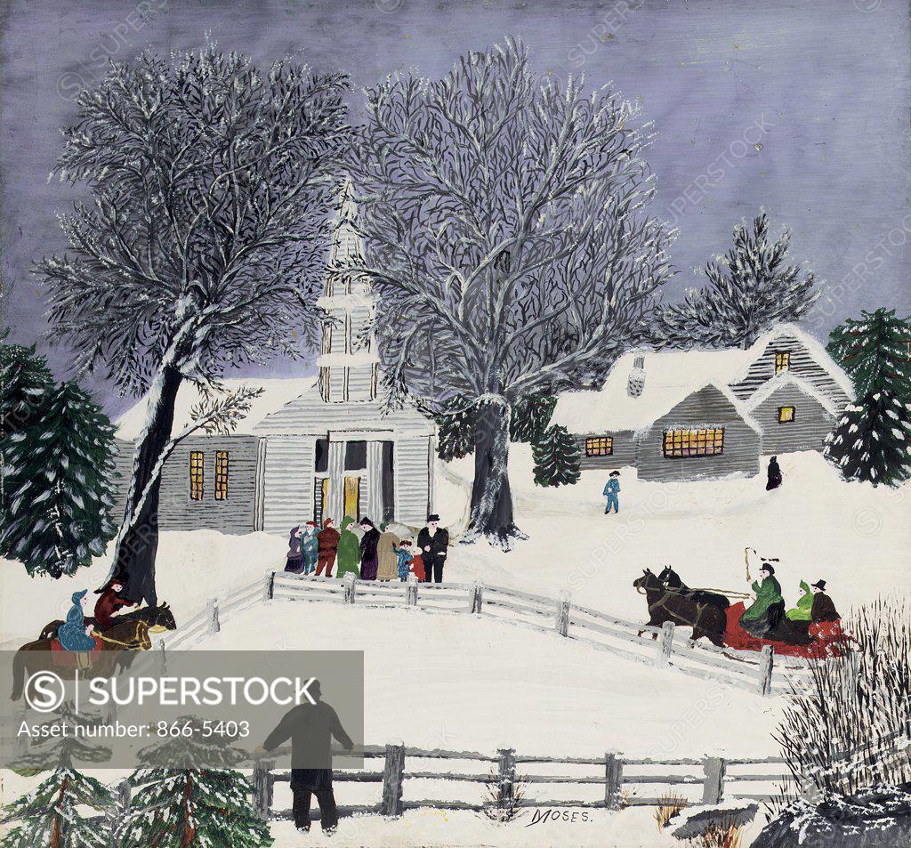 Stock Photo: 866-5403 We Are Coming To Church Grandma Moses (1860-1961 American) Oil on board