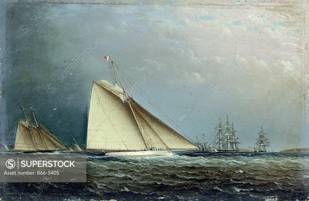 Stock Photo: 866-5405 'Puritan' Racing Off of Staten Island ca. 1885 James E. Buttersworth (1817-1894 American) Oil on board