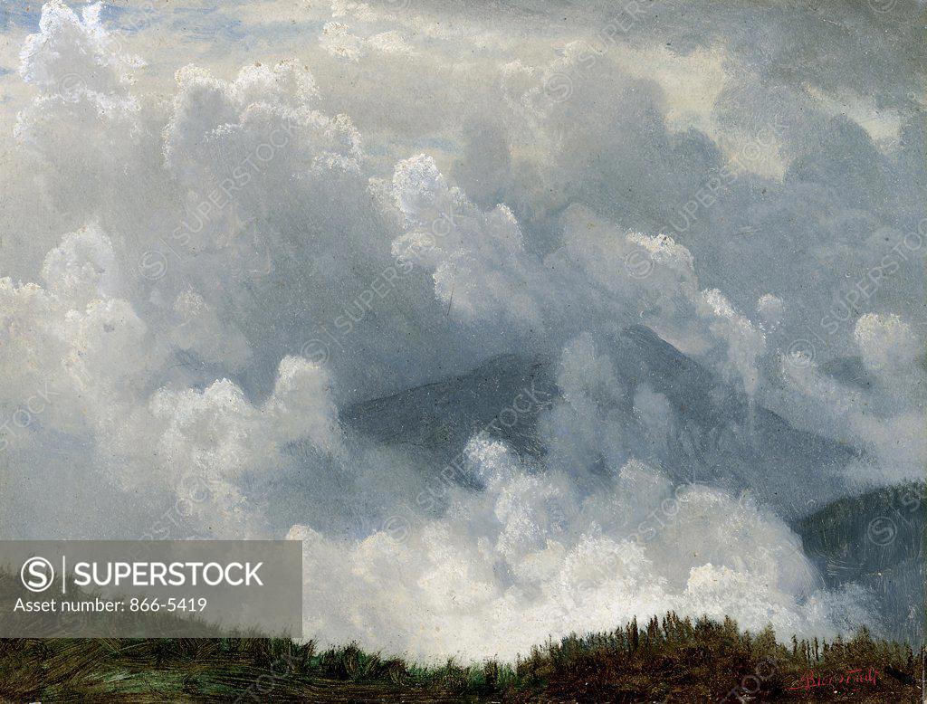 Stock Photo: 866-5419 Mountain Mist Albert Bierstadt (1830-1902 American) Oil on paper board