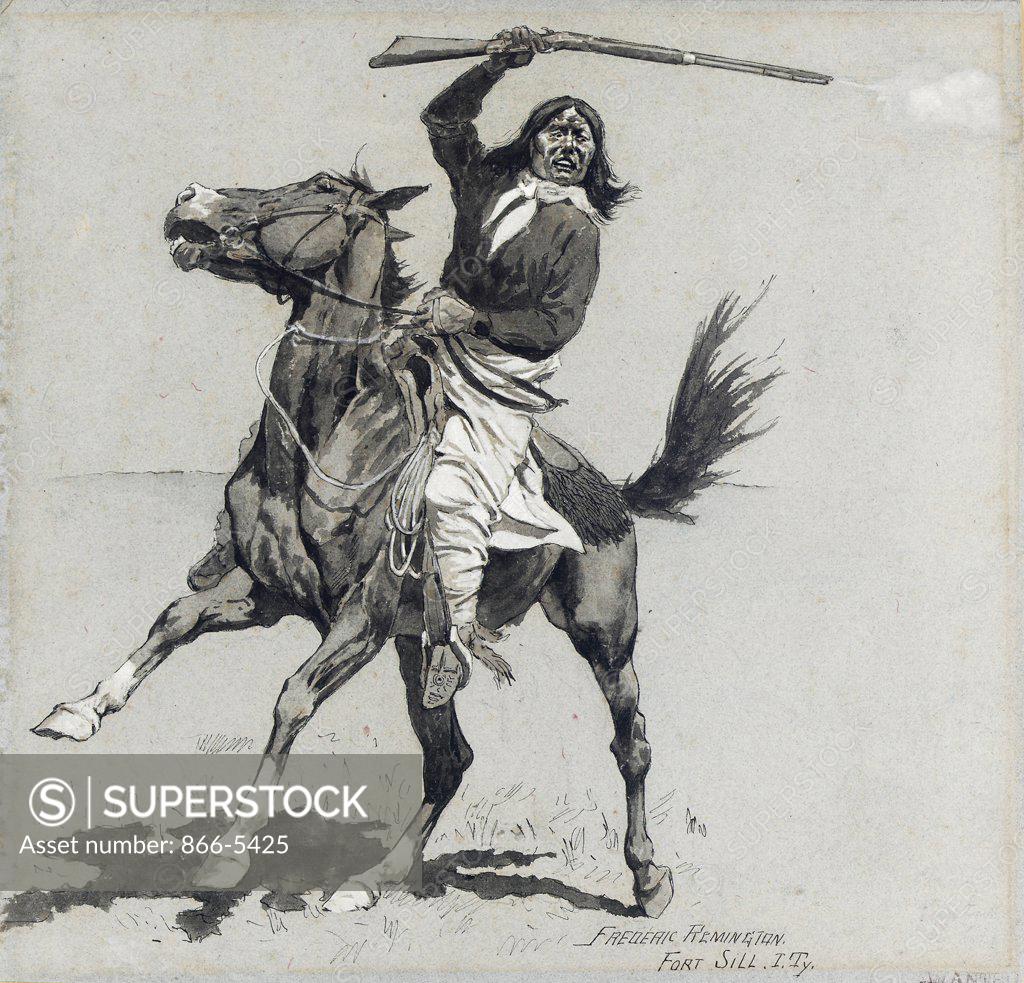 Stock Photo: 866-5425 Kiowa Buck Starting a Race ca. 1889 Frederic Remington (1861-1909 American) Gouache and ink
