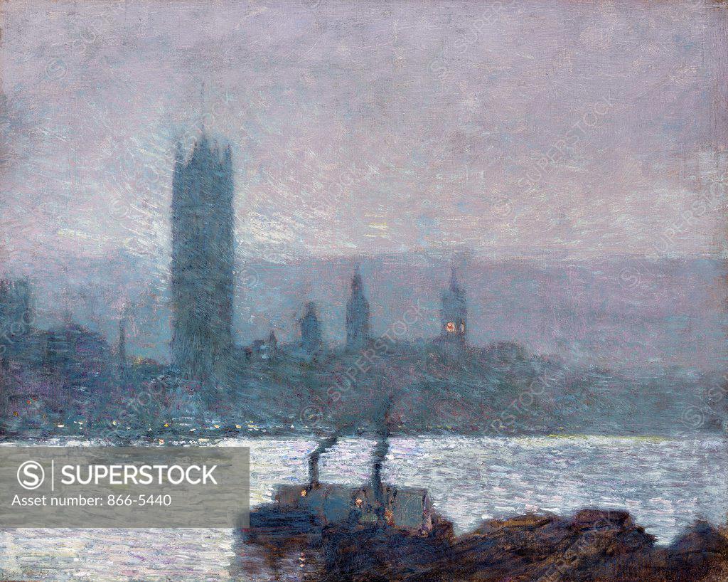 Stock Photo: 866-5440 Houses of Parliament, Early Evening 1898 Frederick Childe Hassam (1859-1935 American) Oil on canvas