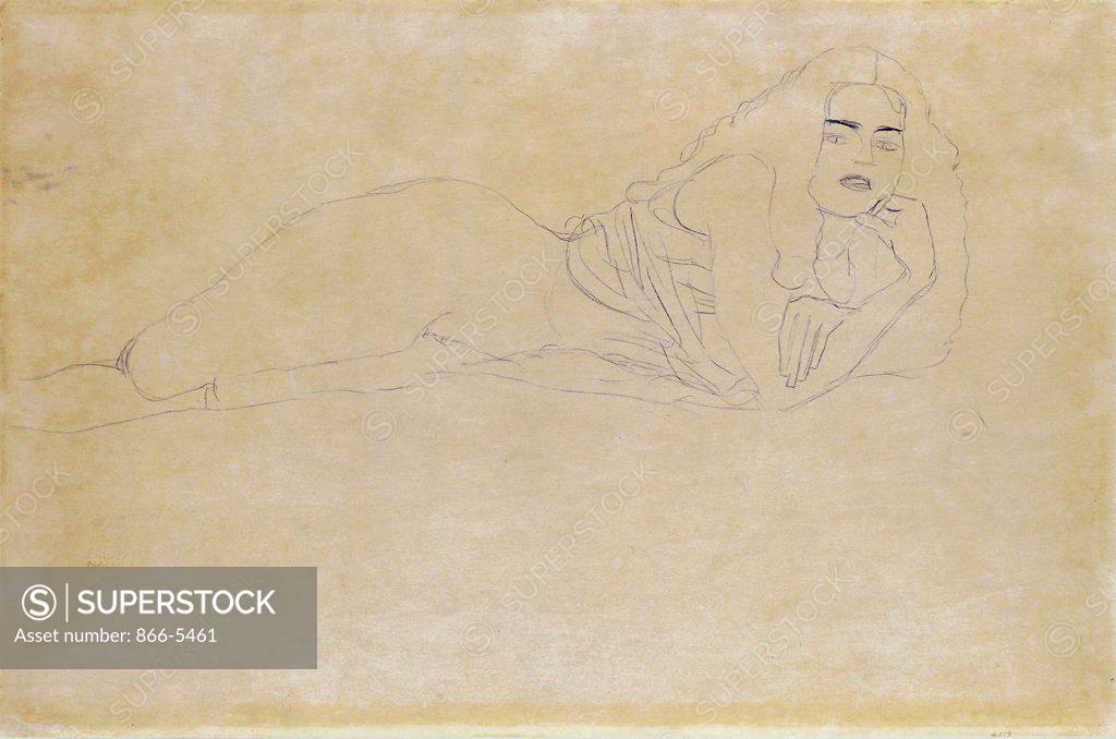 Stock Photo: 866-5461 Aufgestutzt Liegender Halbakt Nacht Rechts 1907 Gustav Klimt (1862-1918 Austrian) Colored pencil