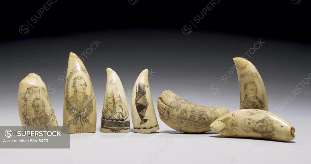 Stock Photo: 866-5473 Group of Scrimshaw Teeth Depicting Important American Patriots, Ships, Sperm Whale & Whaling Scenes Early 20th Century Artist Unknown (American)