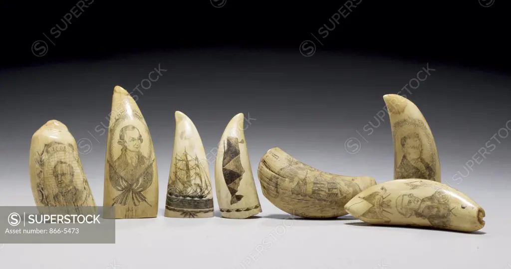 Group of Scrimshaw Teeth Depicting Important American Patriots, Ships, Sperm Whale & Whaling Scenes Early 20th Century Artist Unknown (American)