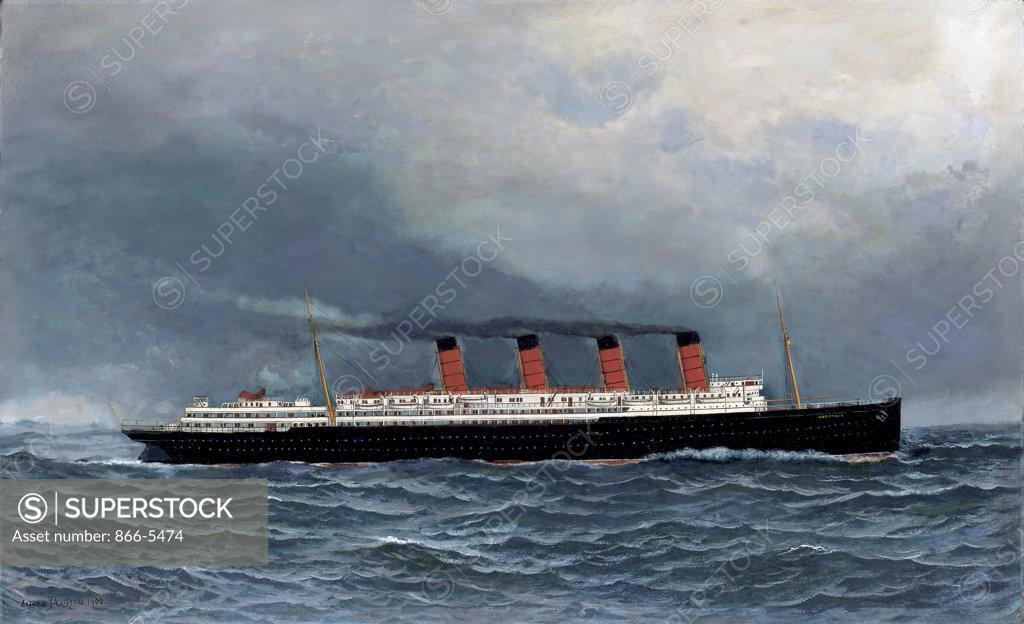Stock Photo: 866-5474 The R.M.S. Lusitania Under Full Steam 1908 Antonio Jacobsen (1849-1921 American) Oil on board