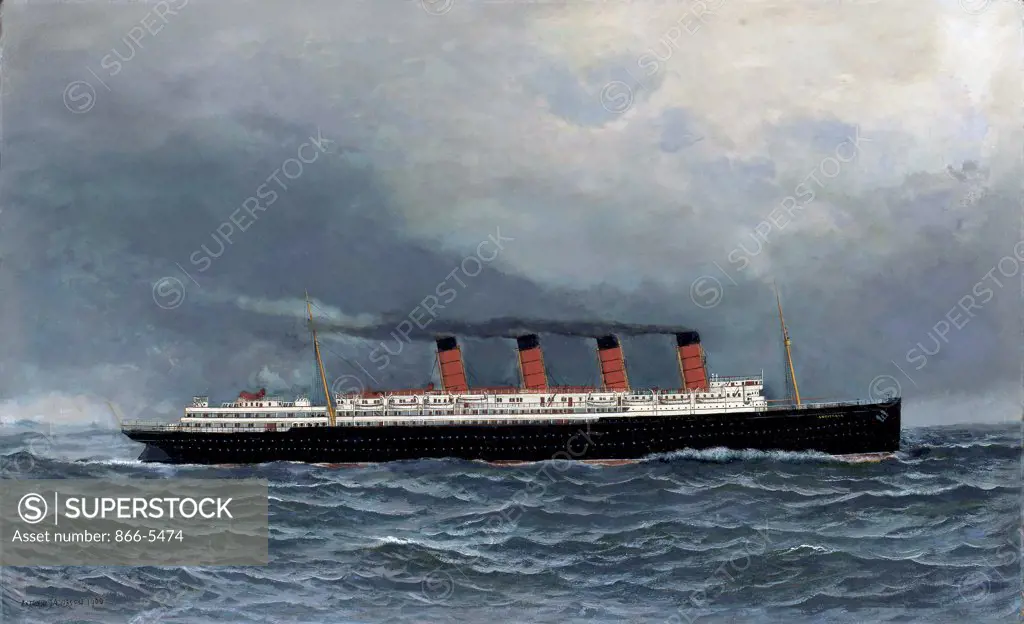 The R.M.S. Lusitania Under Full Steam 1908 Antonio Jacobsen (1849-1921 American) Oil on board