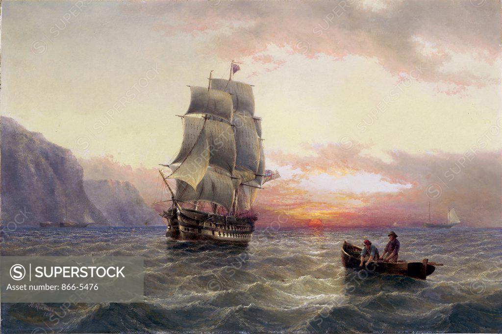 Stock Photo: 866-5476 A Royal Naval Two-Decker Running Along The Coast At Dusk 1880 Henry Redmore (1820-1887 British) Oil on board