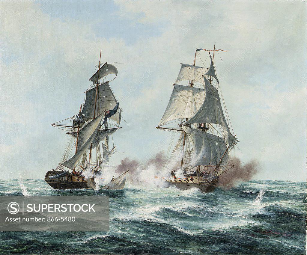 Stock Photo: 866-5480 The Engagement Between The Boxer And The Enterprise, 5th Sept. 1813 John Bentham Dinsdale (fl.1884-1889 British) Oil on canvas