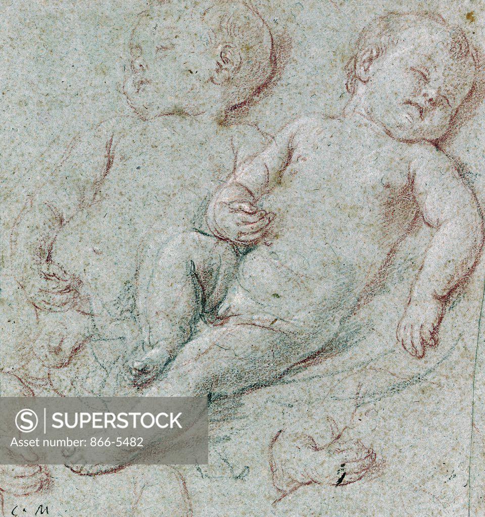 Stock Photo: 866-5482 Two Studies of a Baby Sleeping Carlo Maratti (1625-1713 Italian) Chalk