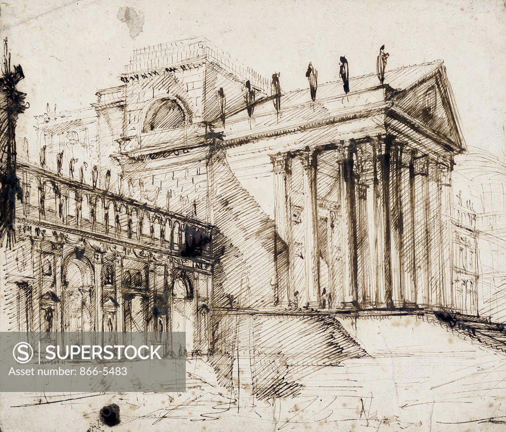 Stock Photo: 866-5483 The Portico and Facade of an Elaborate Neo-Classical Building Giovanni Battista Piranesi (1720-1778 Italian) Pen & ink