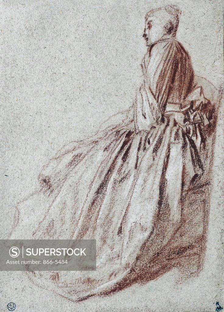 Stock Photo: 866-5484 A Woman In A Long Dress, Seated In Profile To The Left Jean-Antoine Watteau (1684-1721 French) Chalk