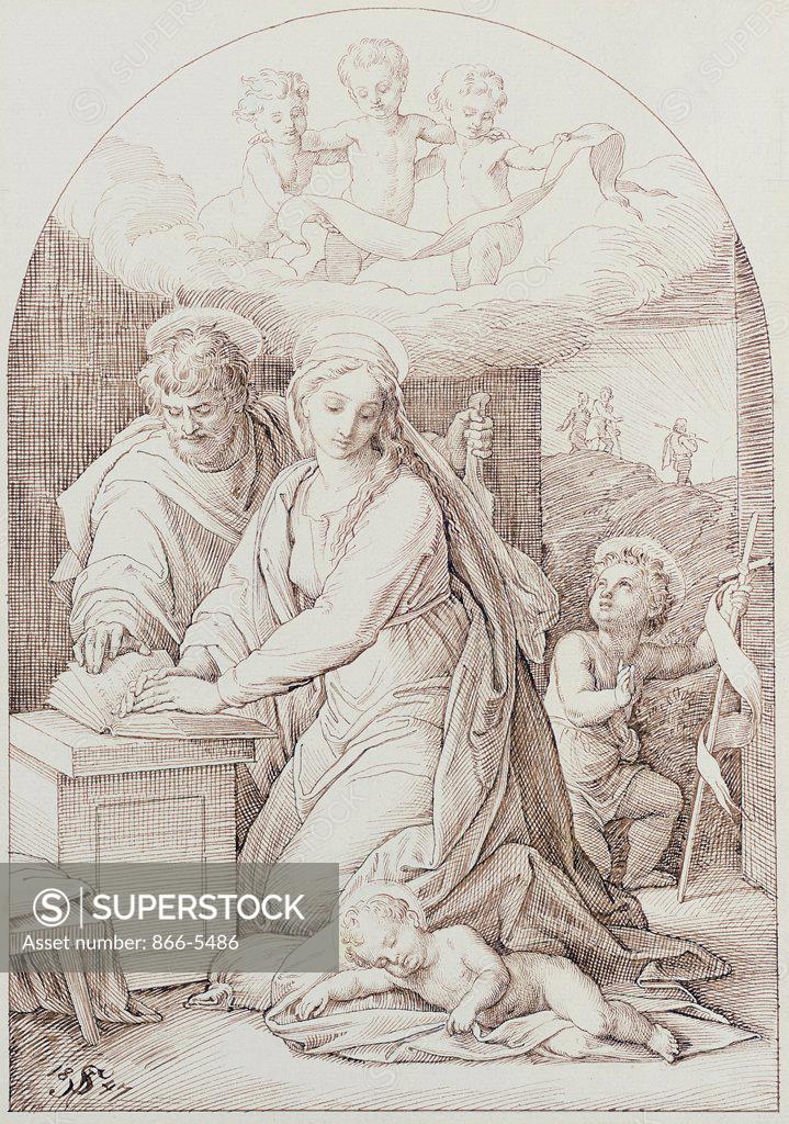 Stock Photo: 866-5486 The Holy Family With The Infant Baptist 1847 Julius Schnorr von Carolsfeld (1794-1872 German) Chalk & ink