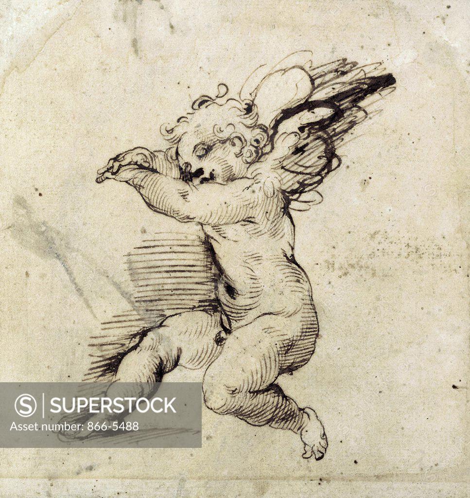 Stock Photo: 866-5488 A Seated Putto, Turned to the Left Agostino Carracci (1557-1602 Italian) Chalk & ink