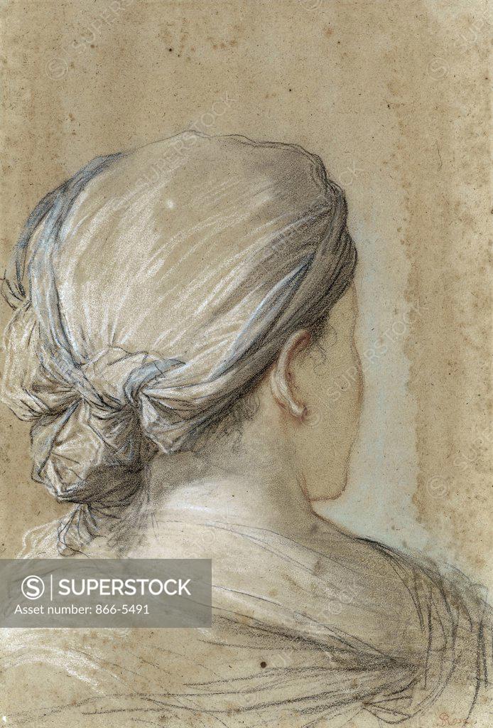 Stock Photo: 866-5491 A Woman, Bust-Length, Seen From Behind En Profil Perdu With Inscription 'SRosa' Salvator Rosa (1615-1673 Italian) Chalk
