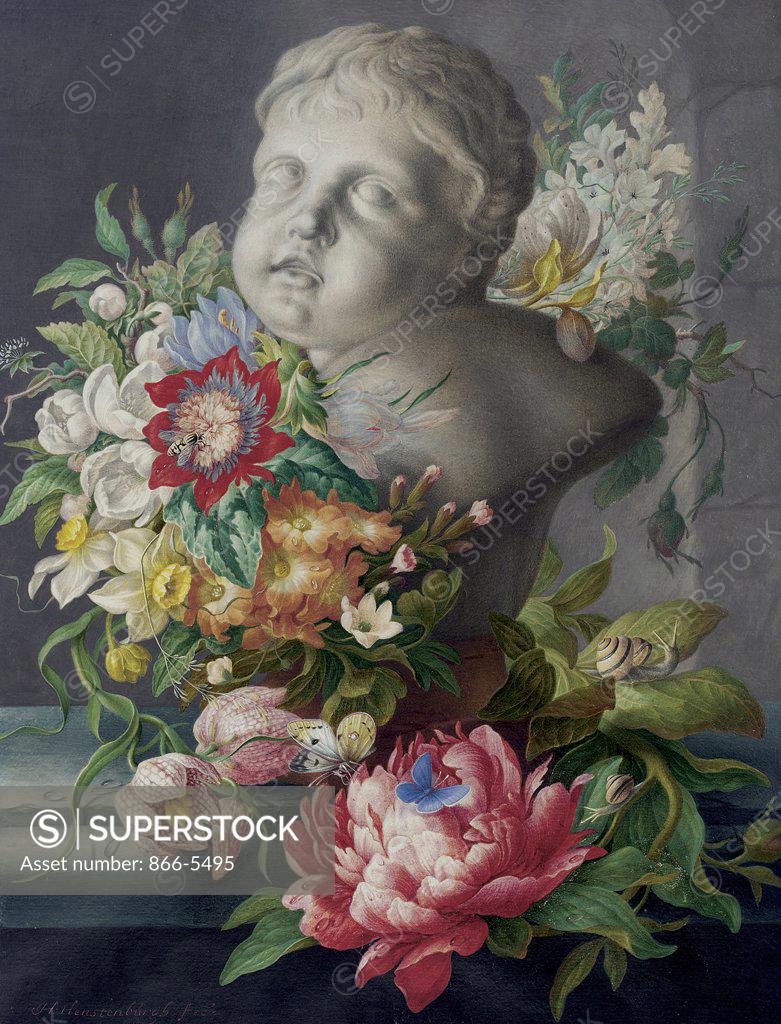 Stock Photo: 866-5495 Still Life with Putto and Flowers on a Ledge Herman Henstenburgh (1667-1726 Dutch) Watercol & bodycolor