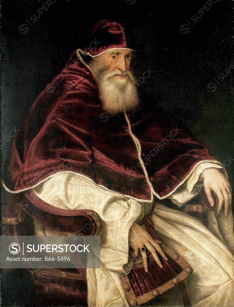 Stock Photo: 866-5496 Portrait Of Pope Paul III Wearing The Camauro Italian School (16th C) After Tiziano Vecello Oil on canvas